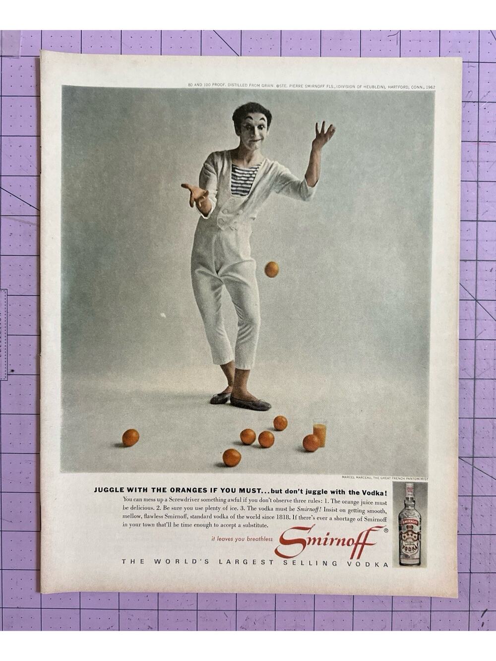 1957 Smirnoff Vodka Print Ad Marcel Marceau French Pantomimist Juggling Oranges